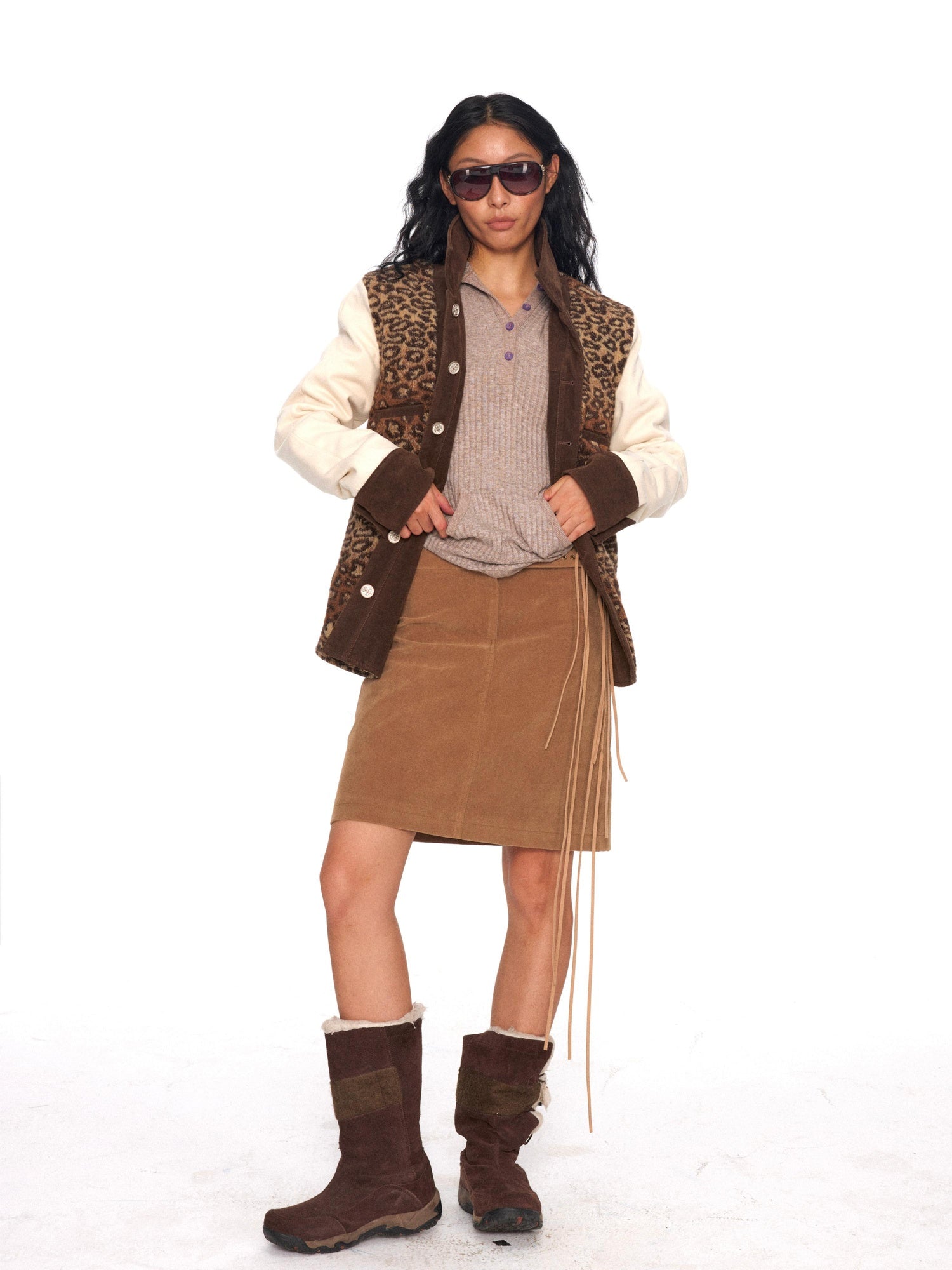 NyDkyel Brushed Suede Brown Fringed Low Waist Slim Pencil Front Zip Midi Skirt