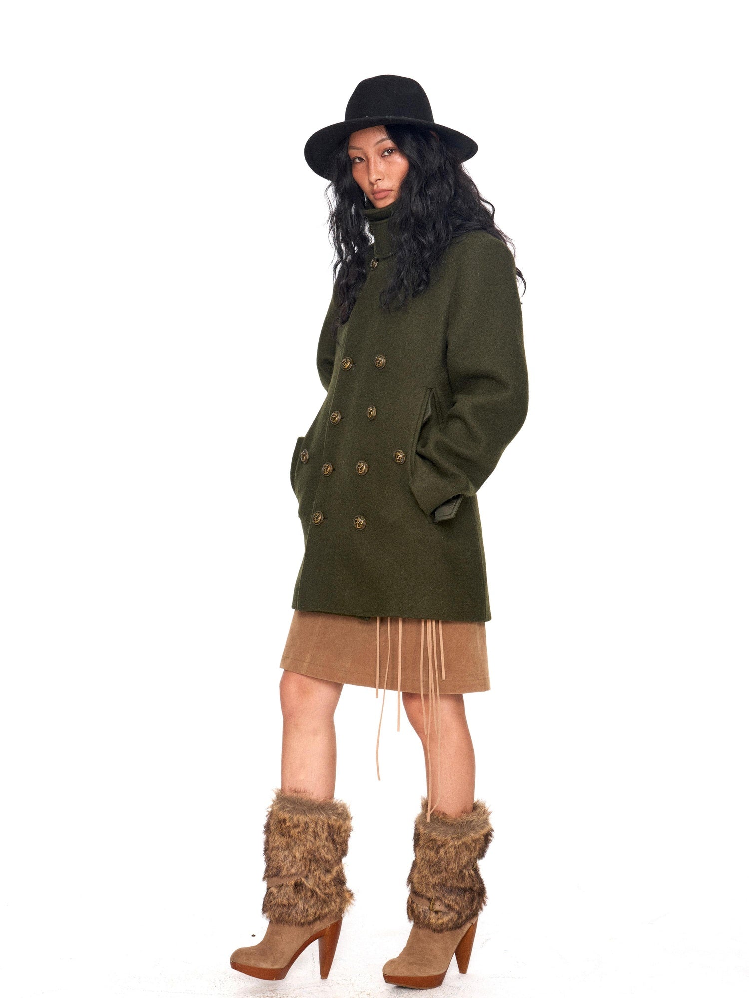 NyDkyel Brushed Suede Brown Fringed Low Waist Slim Pencil Front Zip Midi Skirt