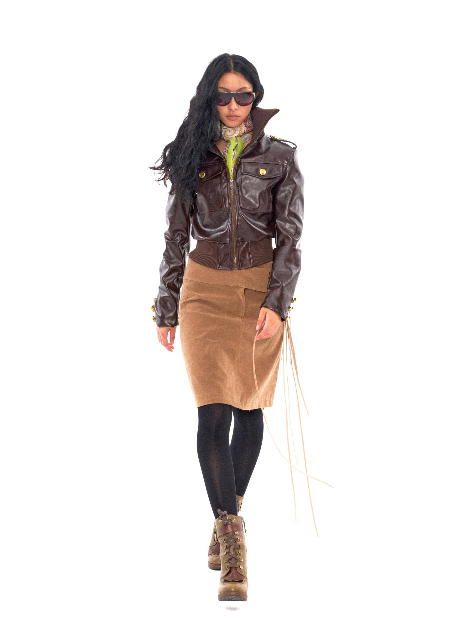 NyDkyel Brushed Suede Brown Fringed Low Waist Slim Pencil Front Zip Midi Skirt
