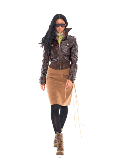 NyDkyel Brushed Suede Brown Fringed Low Waist Slim Pencil Front Zip Midi Skirt