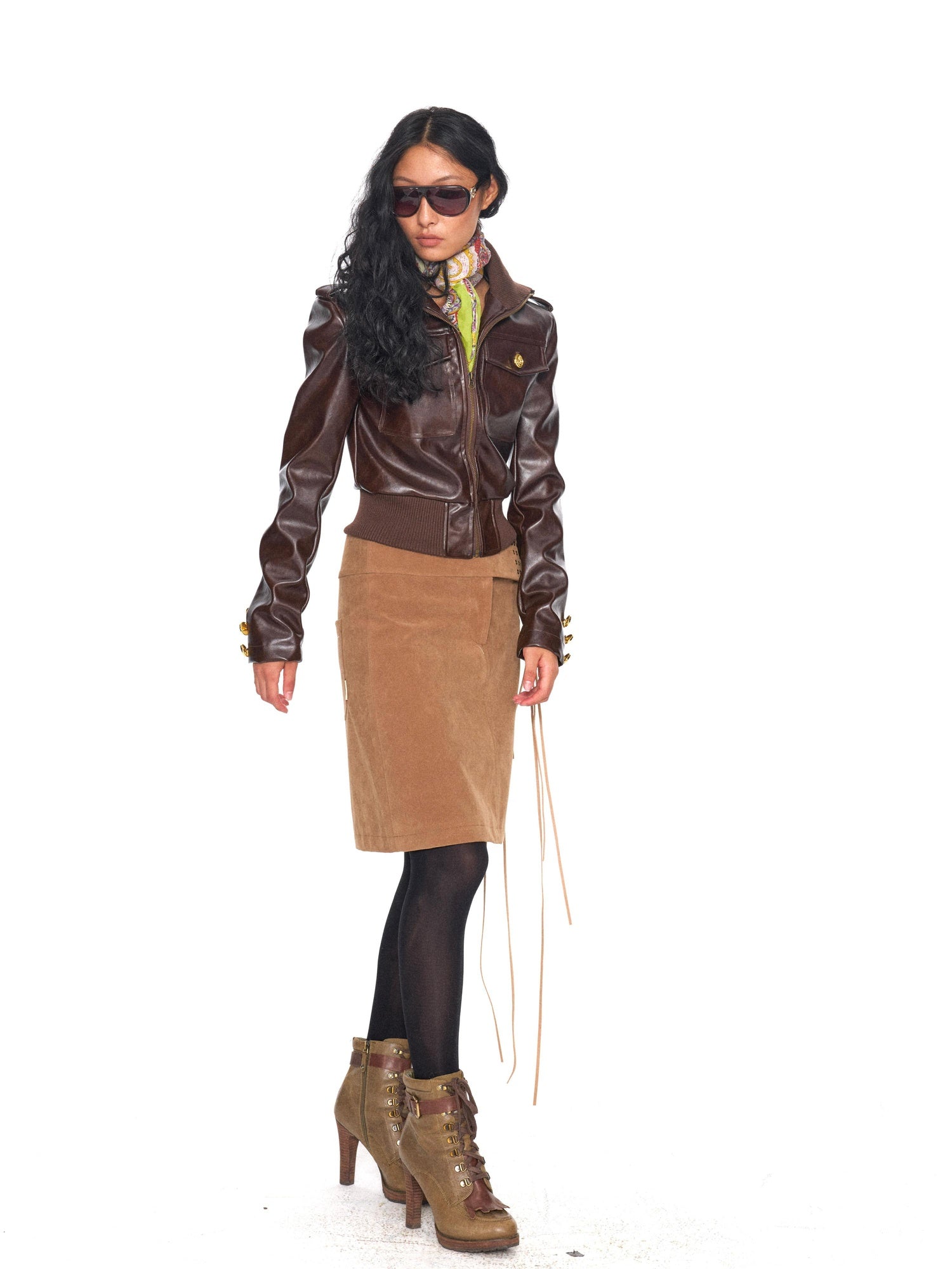 NyDkyel Brushed Suede Brown Fringed Low Waist Slim Pencil Front Zip Midi Skirt