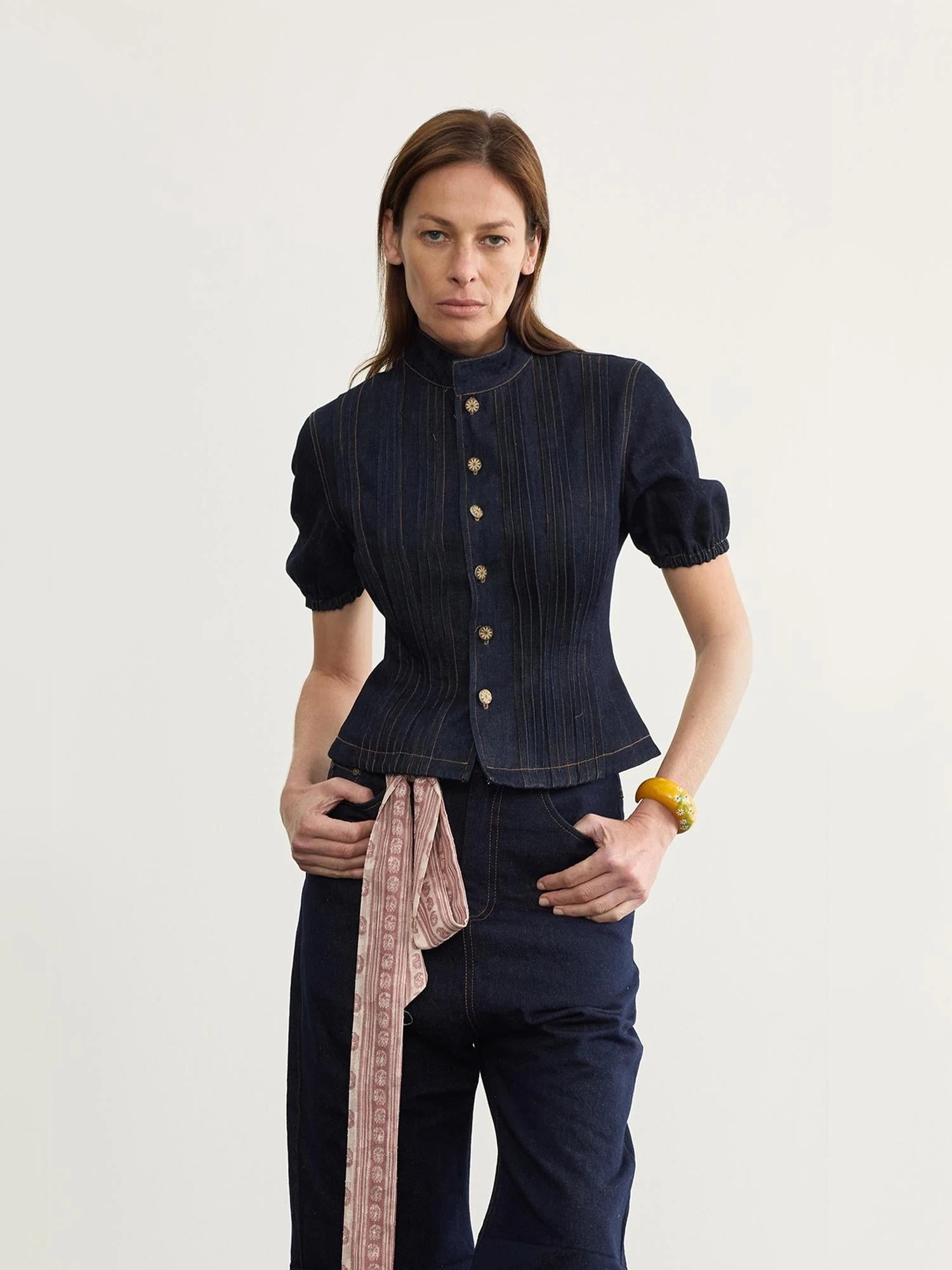 Button Detailed Raw Denim Waistcoat With Pleats