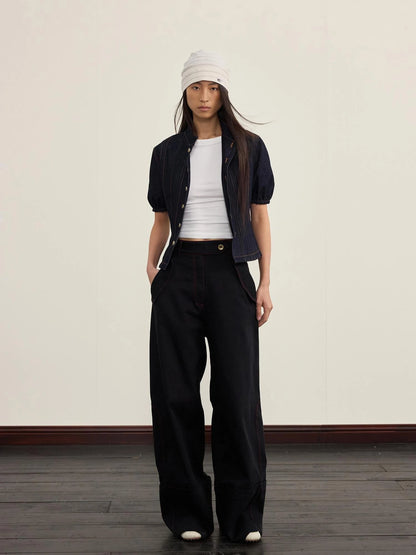 Button Detailed Raw Denim Waistcoat With Pleats