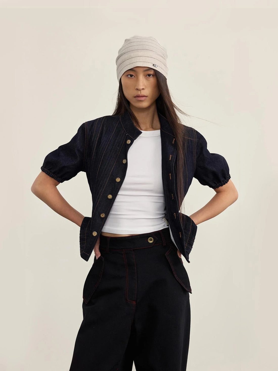 Button Detailed Raw Denim Waistcoat With Pleats
