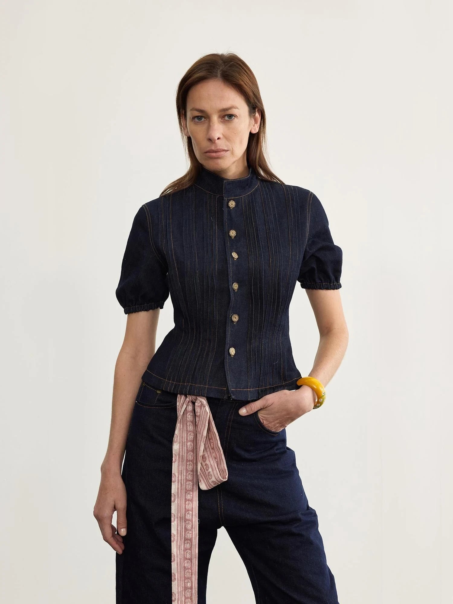Button Detailed Raw Denim Waistcoat With Pleats