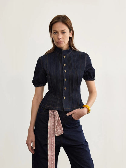 Button Detailed Raw Denim Waistcoat With Pleats