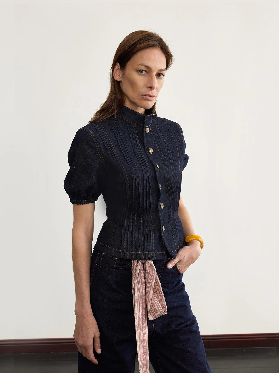 Button Detailed Raw Denim Waistcoat With Pleats