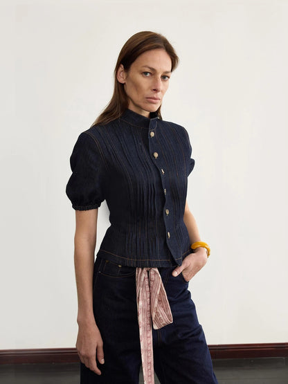 Button Detailed Raw Denim Waistcoat With Pleats
