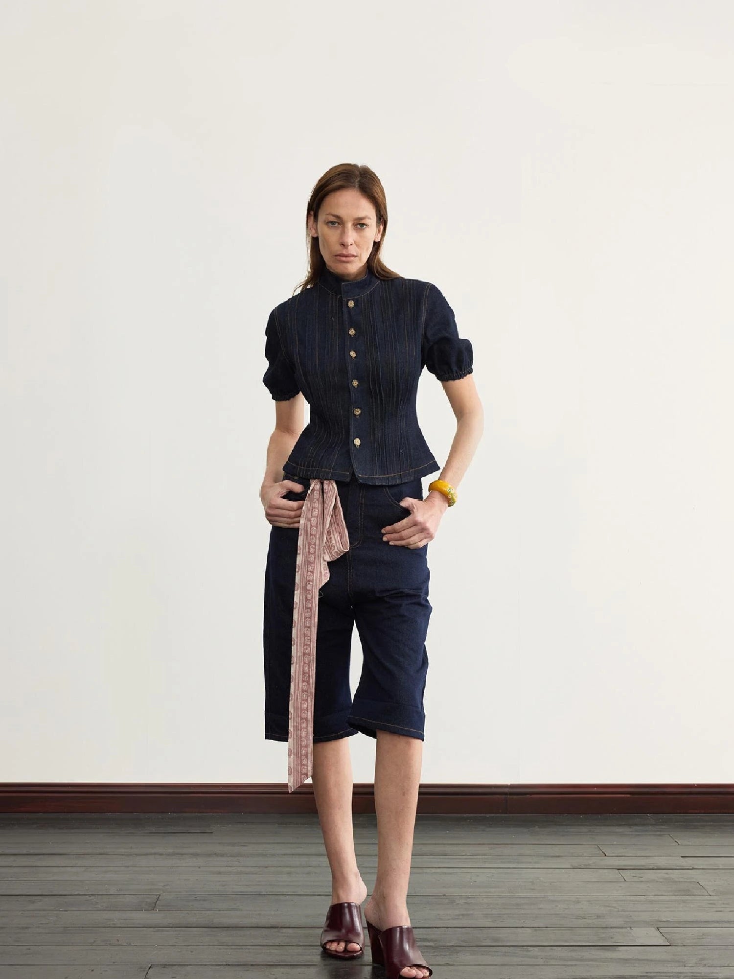 Button Detailed Raw Denim Waistcoat With Pleats