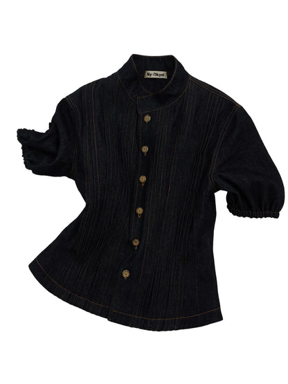 Button Detailed Raw Denim Waistcoat With Pleats