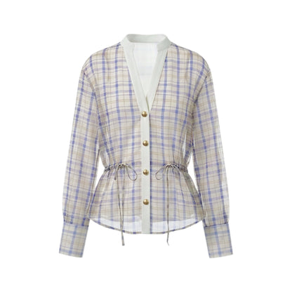 NyDkyel_Checked_V-neck_Gold_Button_Drawstring_Waist_Long_Sleeve_Women&
