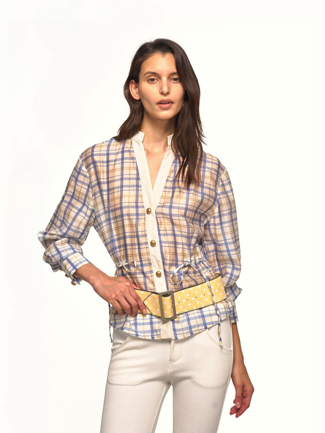 NyDkyel Checked V-neck Gold Button Drawstring Waist Long Sleeve Women&
