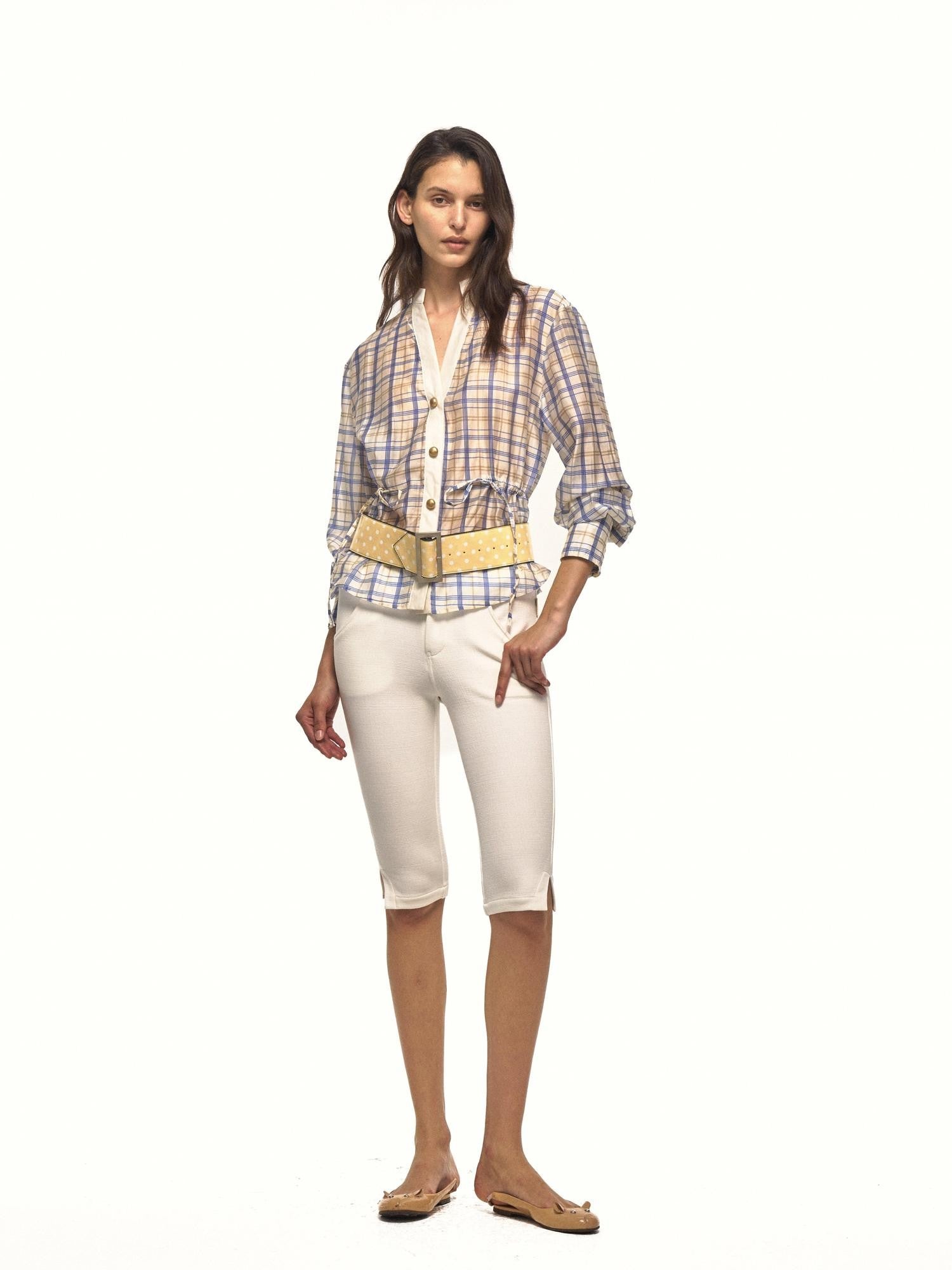 NyDkyel Checked V-neck Gold Button Drawstring Waist Long Sleeve Women&