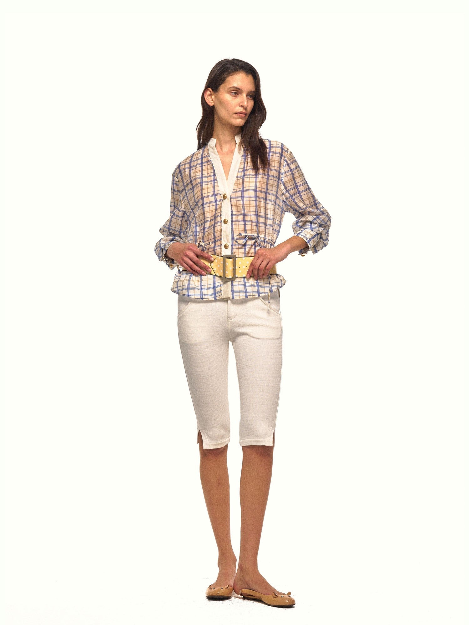 NyDkyel Checked V-neck Gold Button Drawstring Waist Long Sleeve Women&