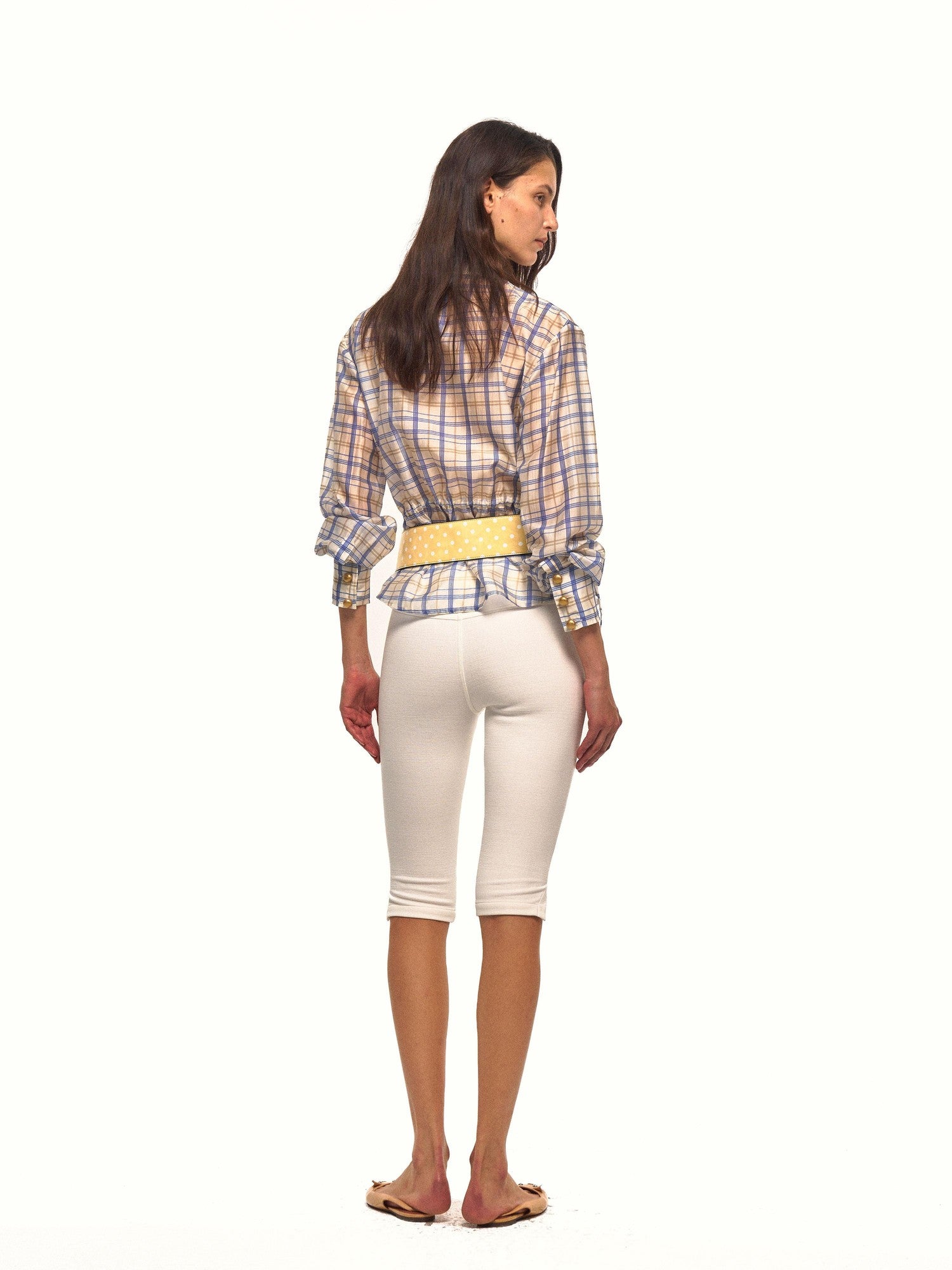 NyDkyel Checked V-neck Gold Button Drawstring Waist Long Sleeve Women&