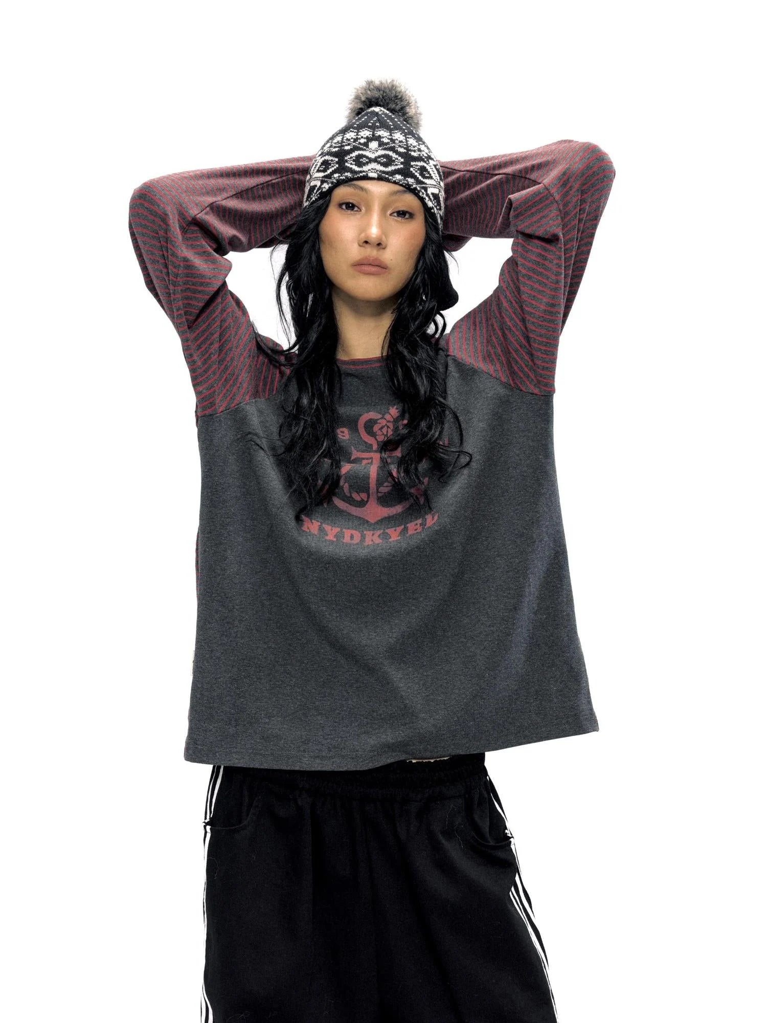 Classic Anchor Print Striped Long Sleeve Tee