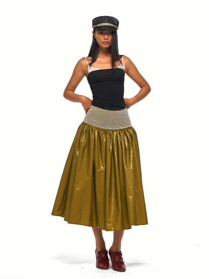 NyDkyel Colorblock Satin Splice Faux Layer Thin Strap Waist Cinch Women&