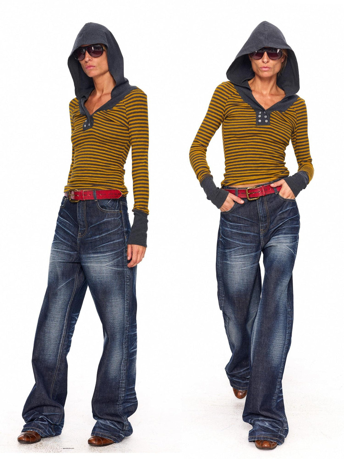 NyDkyel Contrast Neck Double Anchor Buttons Knit Hood Women&
