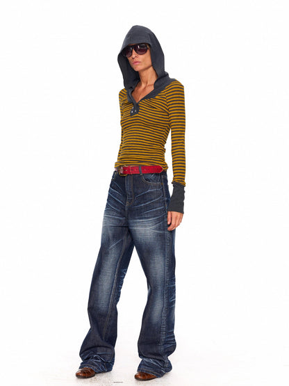 NyDkyel Contrast Neck Double Anchor Buttons Knit Hood Women&