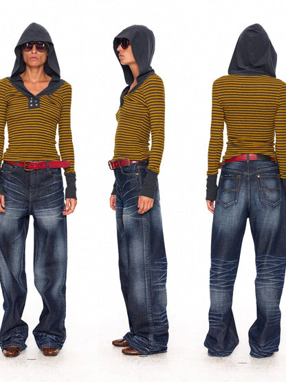 NyDkyel Contrast Neck Double Anchor Buttons Knit Hood Women&