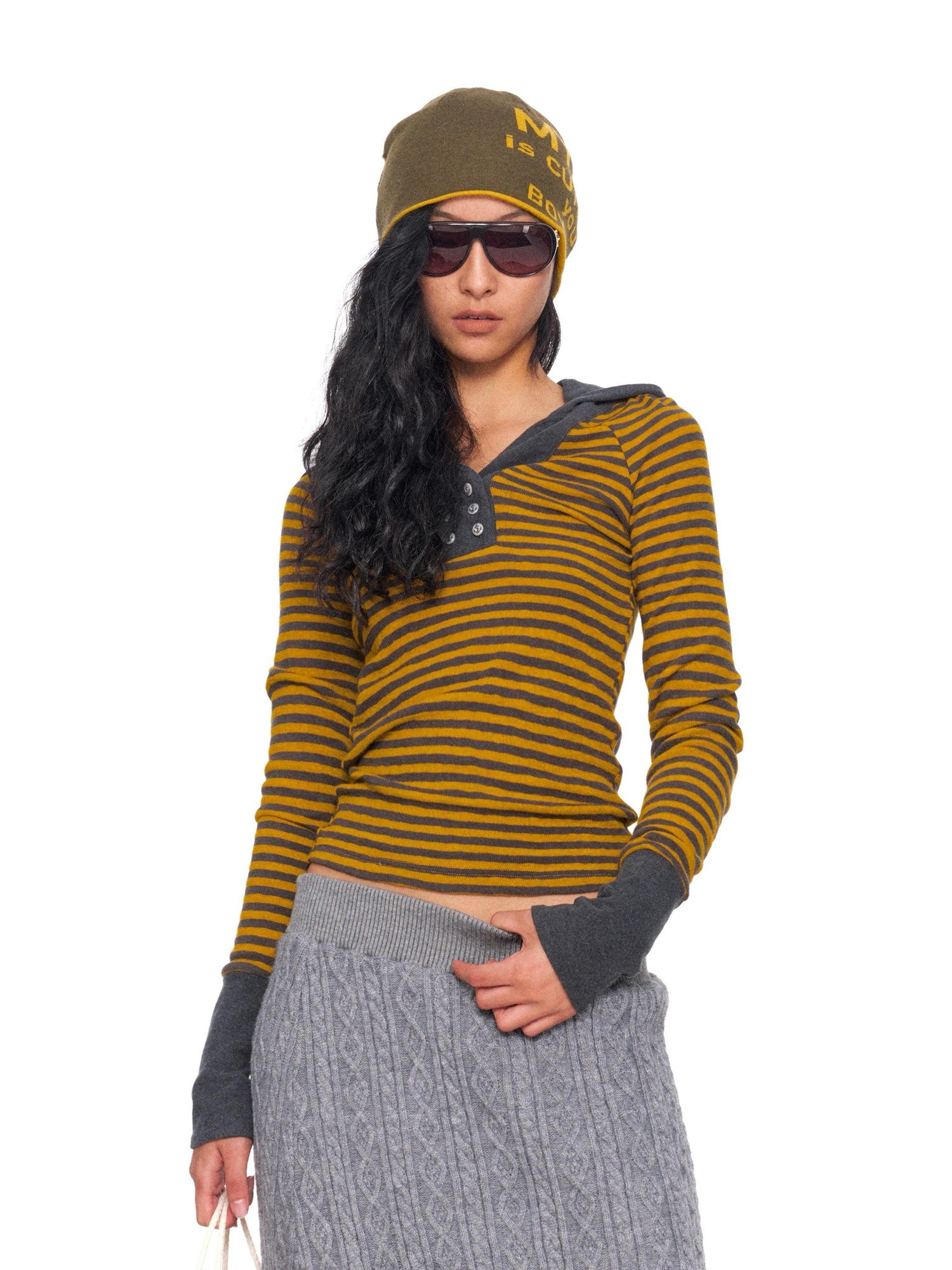 NyDkyel Contrast Neck Double Anchor Buttons Knit Hood Women&