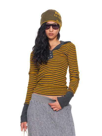 NyDkyel Contrast Neck Double Anchor Buttons Knit Hood Women&