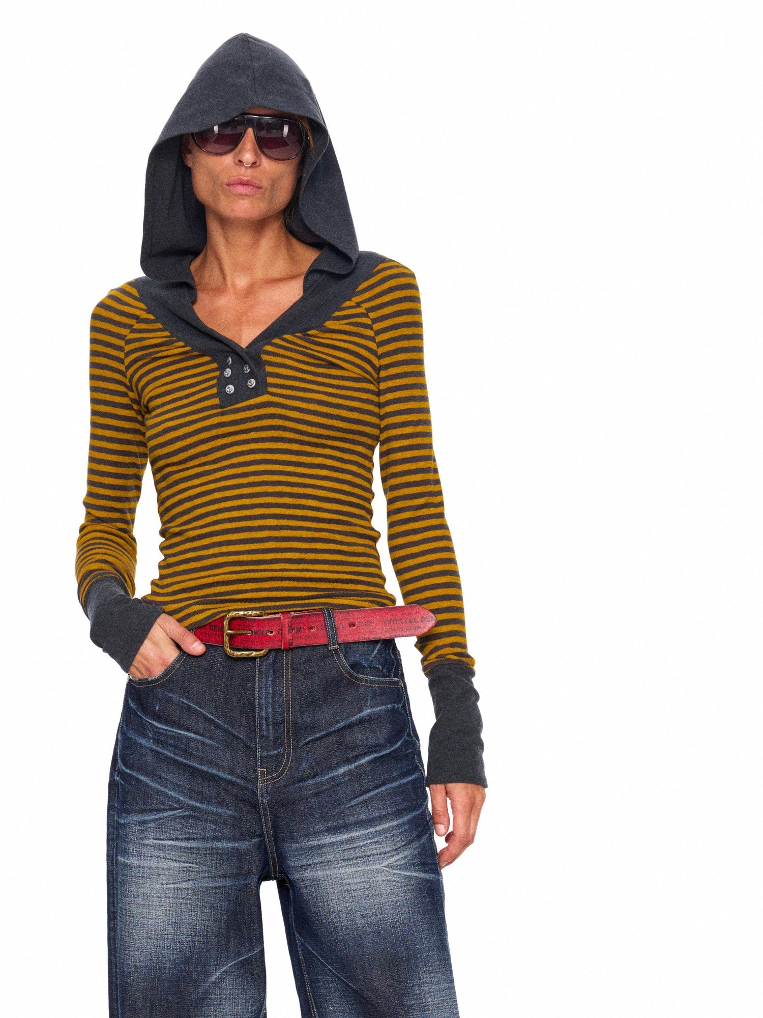 NyDkyel Contrast Neck Double Anchor Buttons Knit Hood Women&