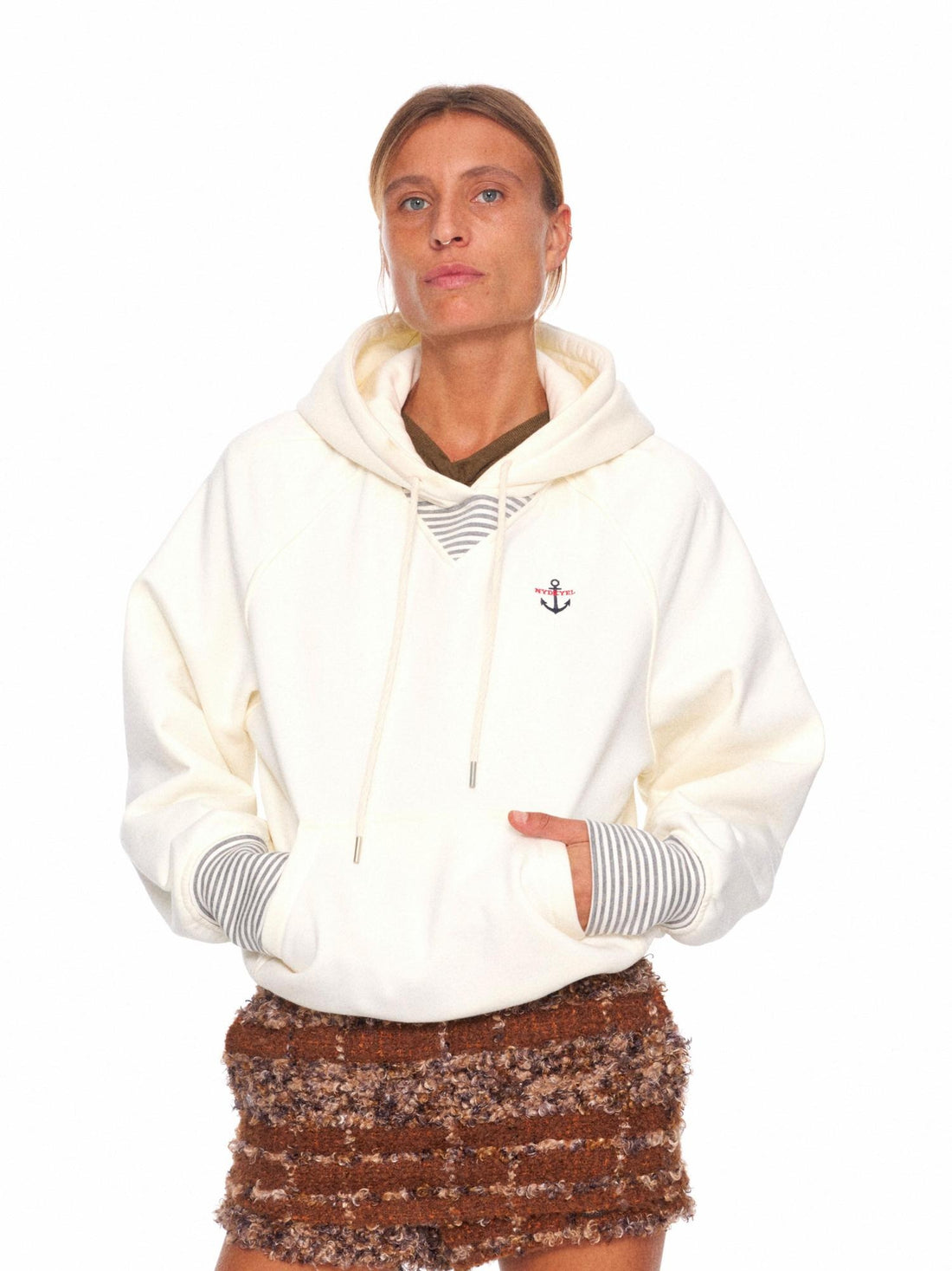 NyDkyel Cozy Fleece Lined Loose Fit Kangaroo Pocket Street Pullover White Hooded Hoodies