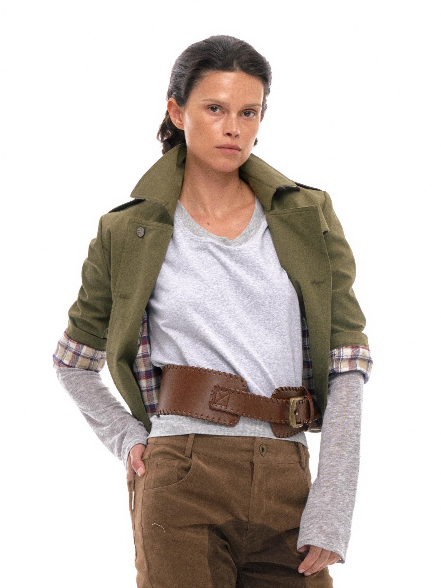 NyDkyel Double Breasted Trench Coat With Check Lining And Adjustable Belt