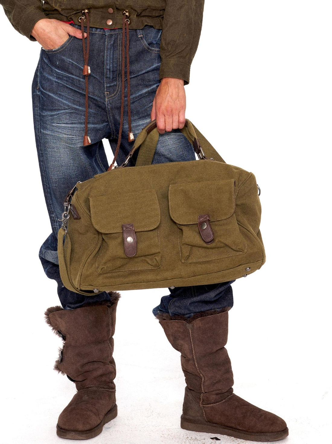 NyDkyel Durable Canvas Boxy Crossbody Detachable Strap Unisex Vintage Green Zipper Bag