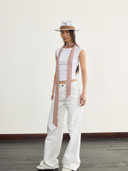 NyDkyel Elegant Casual White Textured Pleated Straight Jeans