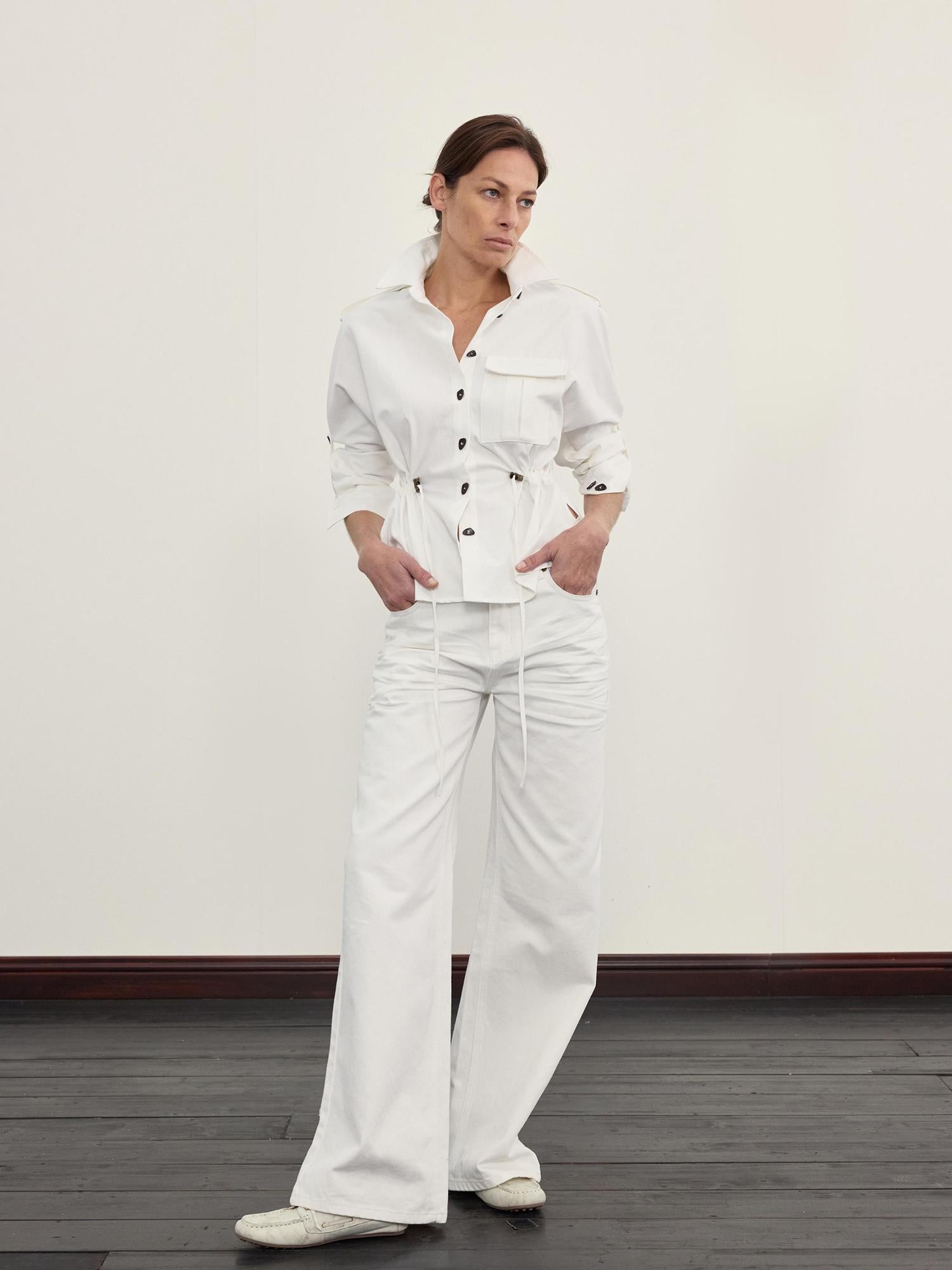 NyDkyel Elegant Casual White Textured Pleated Straight Jeans