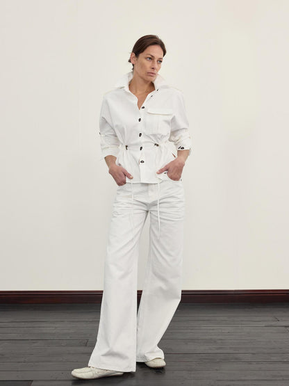 NyDkyel Elegant Casual White Textured Pleated Straight Jeans