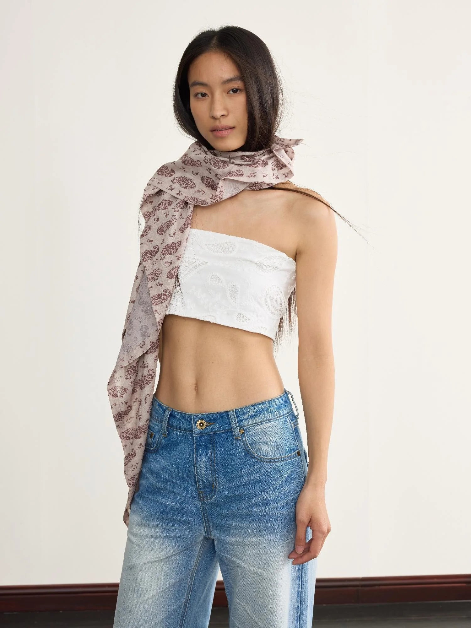 Embroidered Cutout White Cashew Flower Bustier