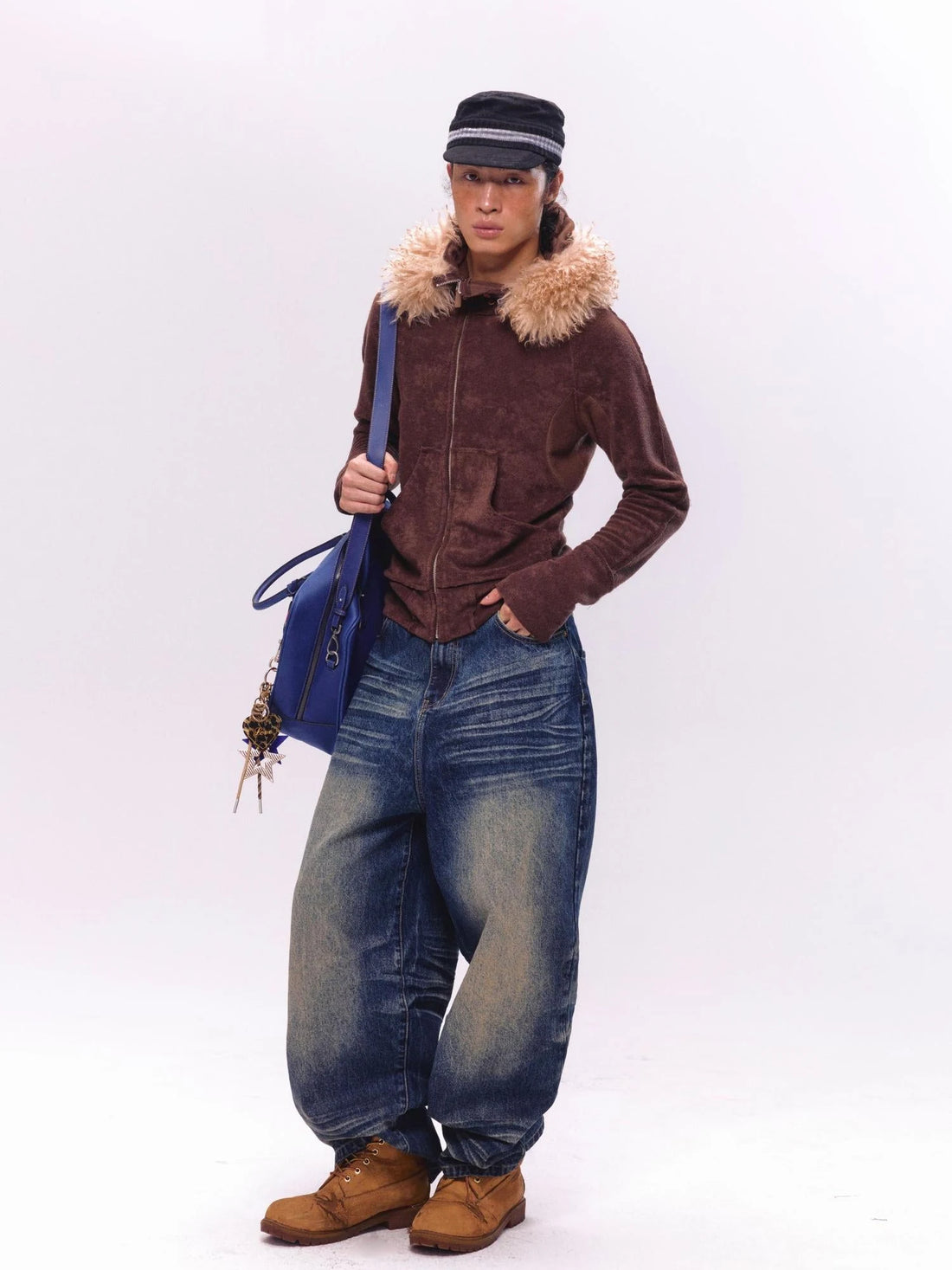 Fleece Stretch Fabric Asymmetric Placket Fur Hooded Sweatshirt