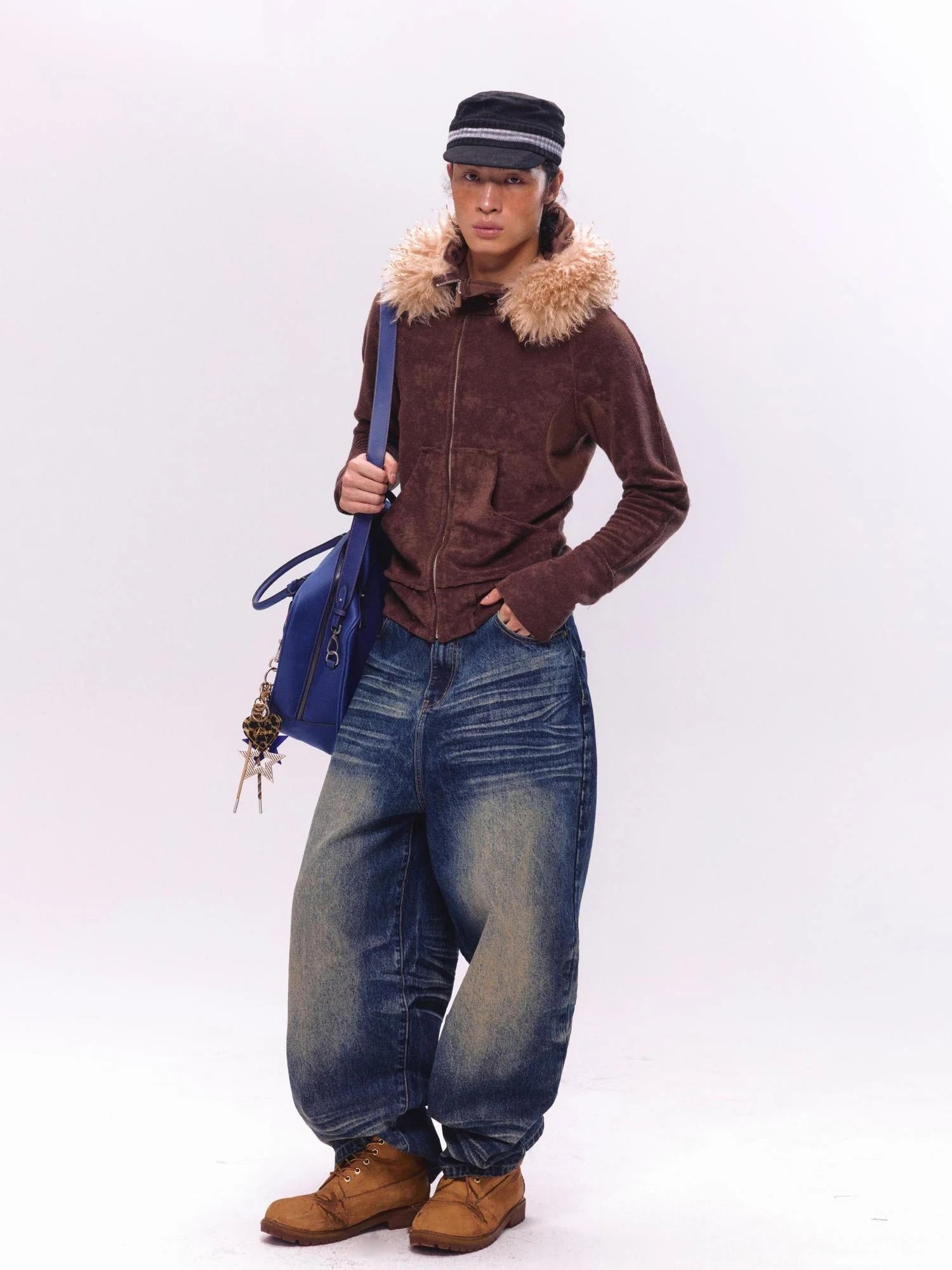 Fleece Stretch Fabric Asymmetric Placket Fur Hooded Sweatshirt
