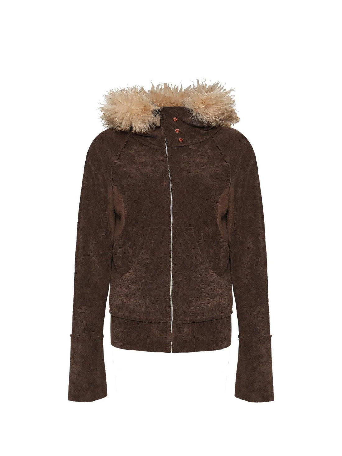 Fleece Stretch Fabric Asymmetric Placket Fur Hooded Sweatshirt