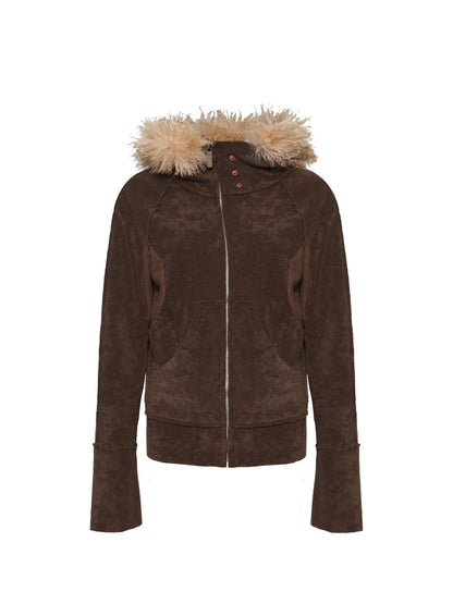 Fleece Stretch Fabric Asymmetric Placket Fur Hooded Sweatshirt
