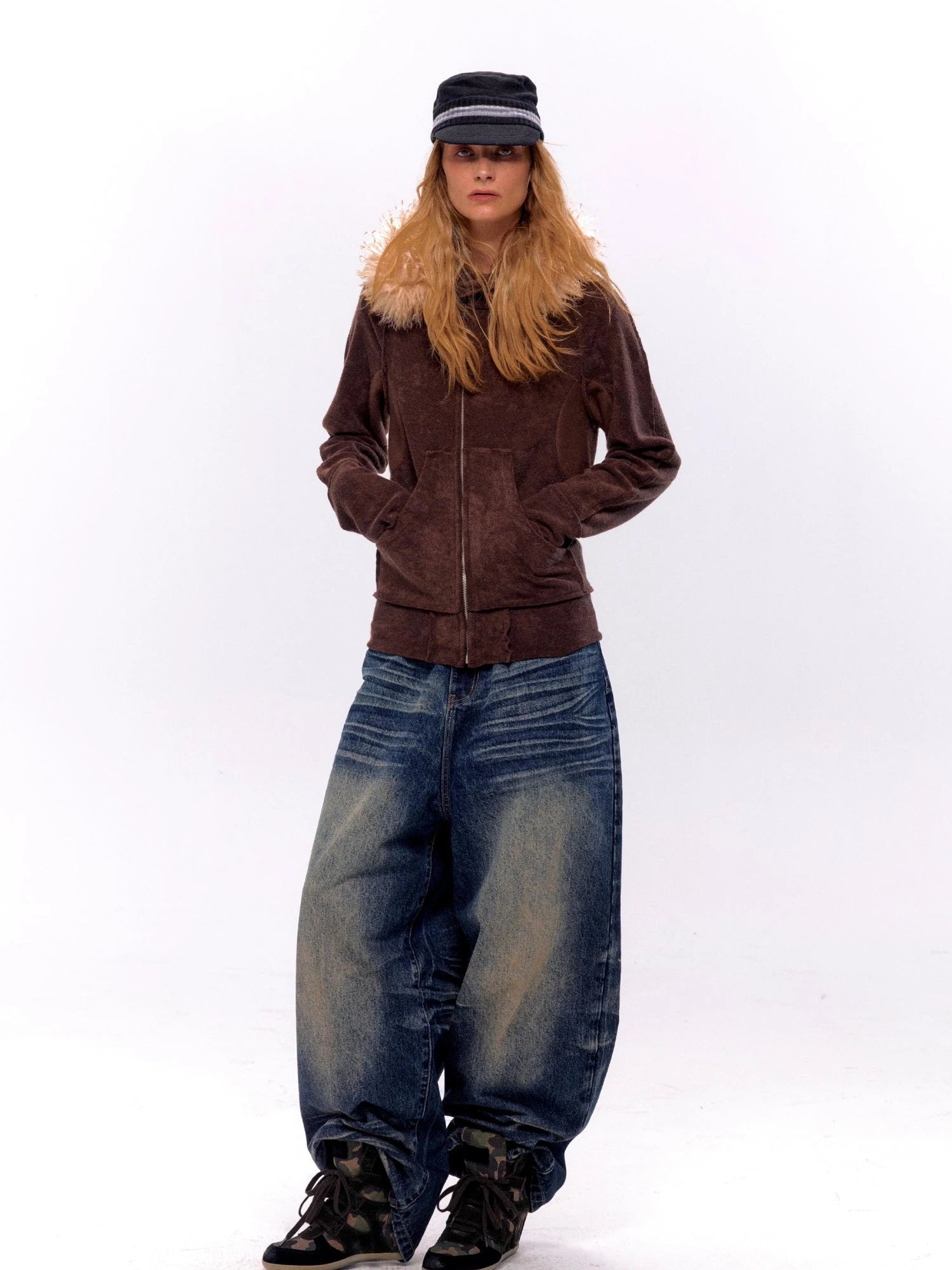 Fleece Stretch Fabric Asymmetric Placket Fur Hooded Sweatshirt