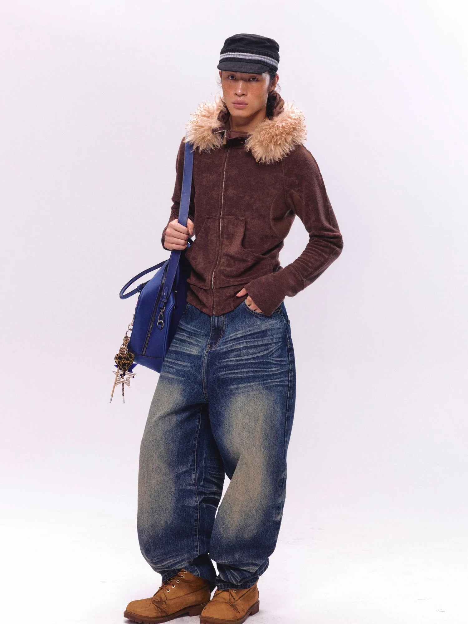 Fleece Stretch Fabric Asymmetric Placket Fur Hooded Sweatshirt