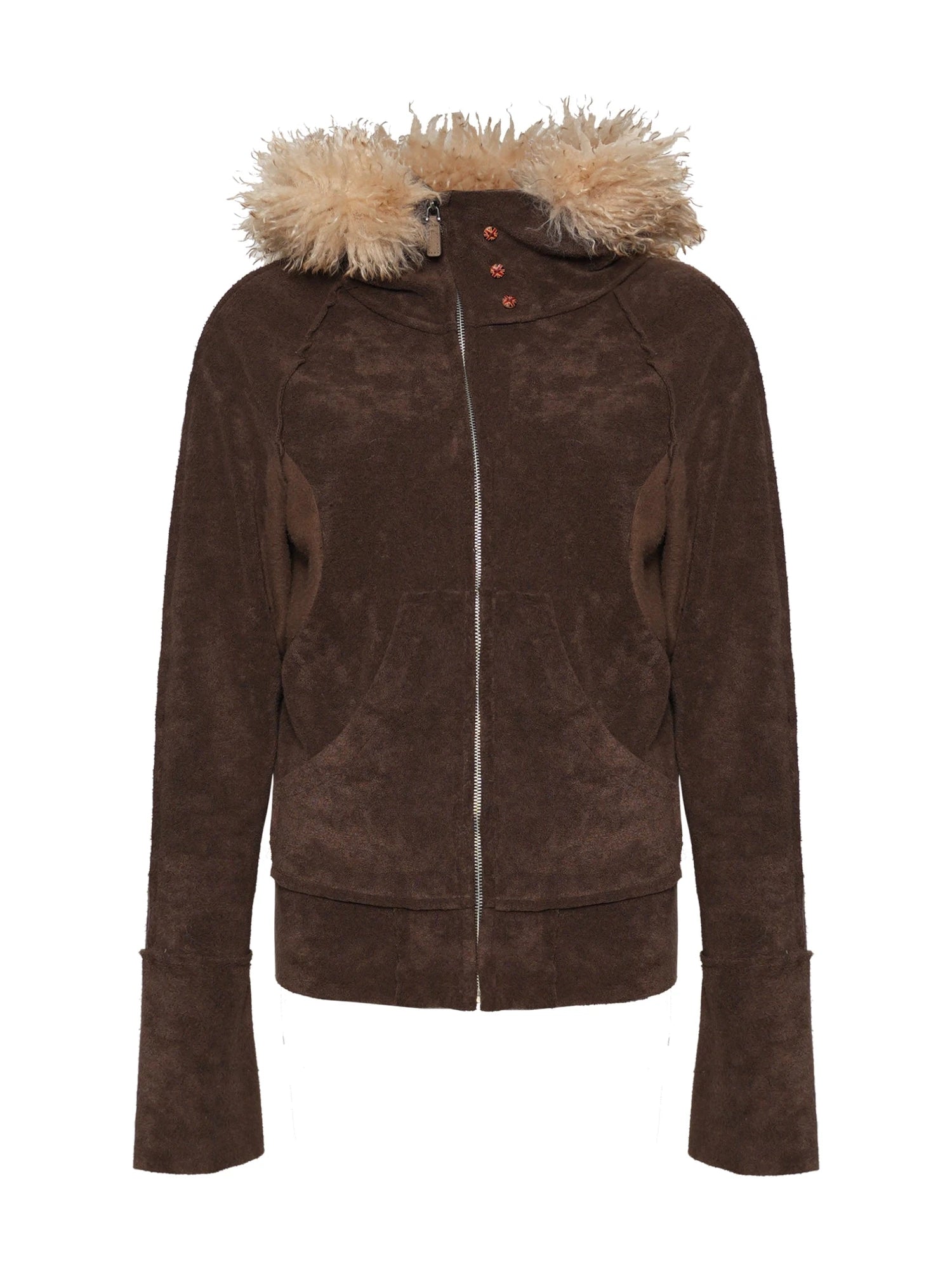 Fleece Stretch Fabric Asymmetric Placket Fur Hooded Sweatshirt