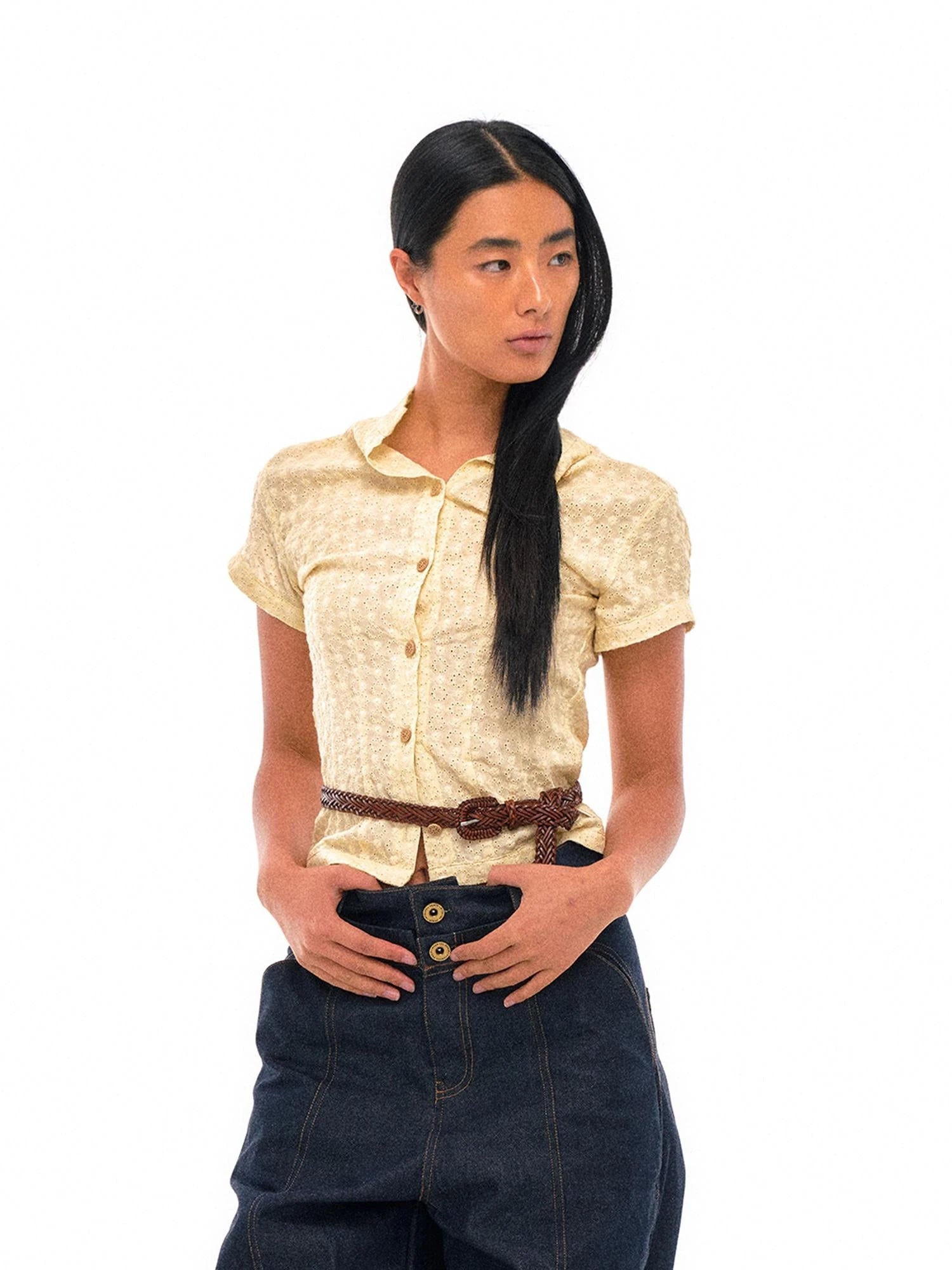 Floral Embroidered Cropped Shirt With Wooden Buttons