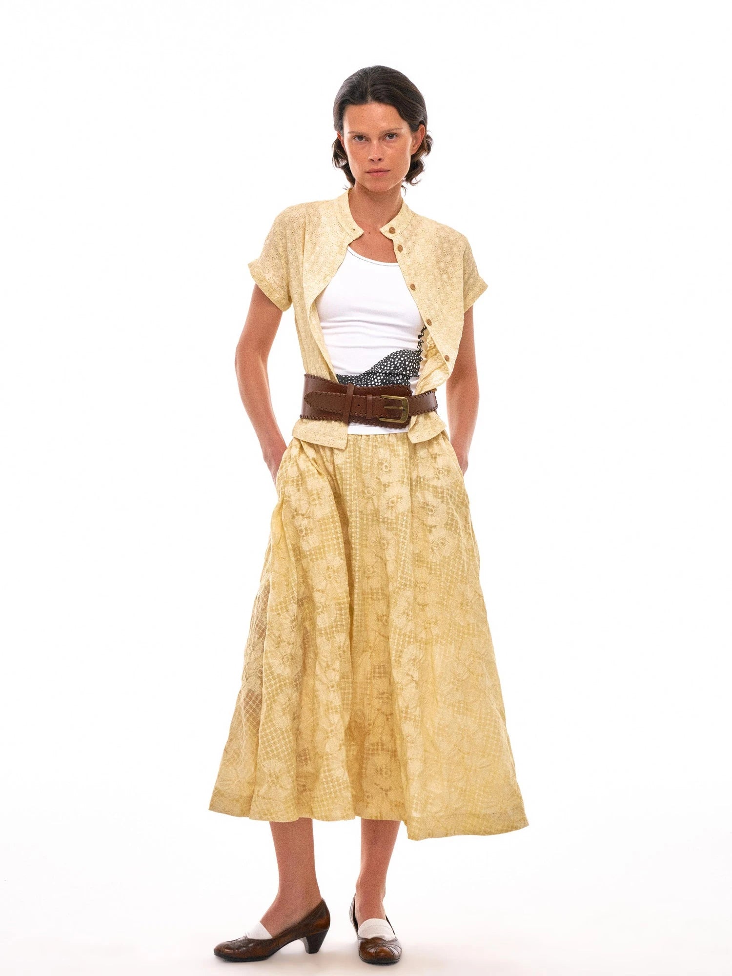 Floral Embroidered Cropped Shirt With Wooden Buttons