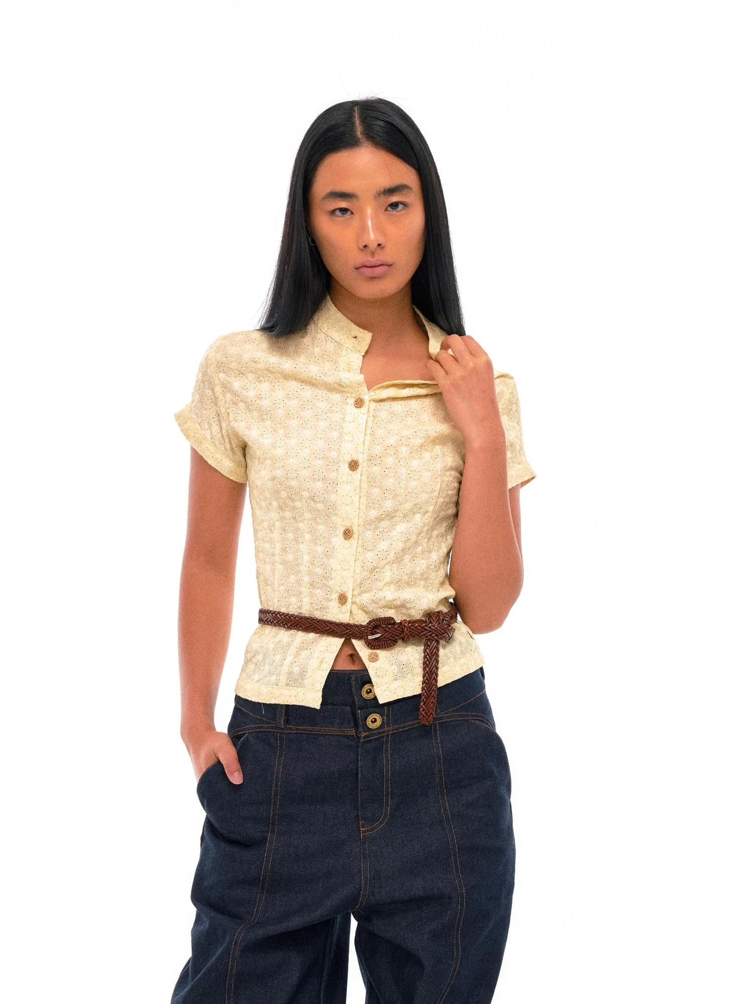 Floral Embroidered Cropped Shirt With Wooden Buttons