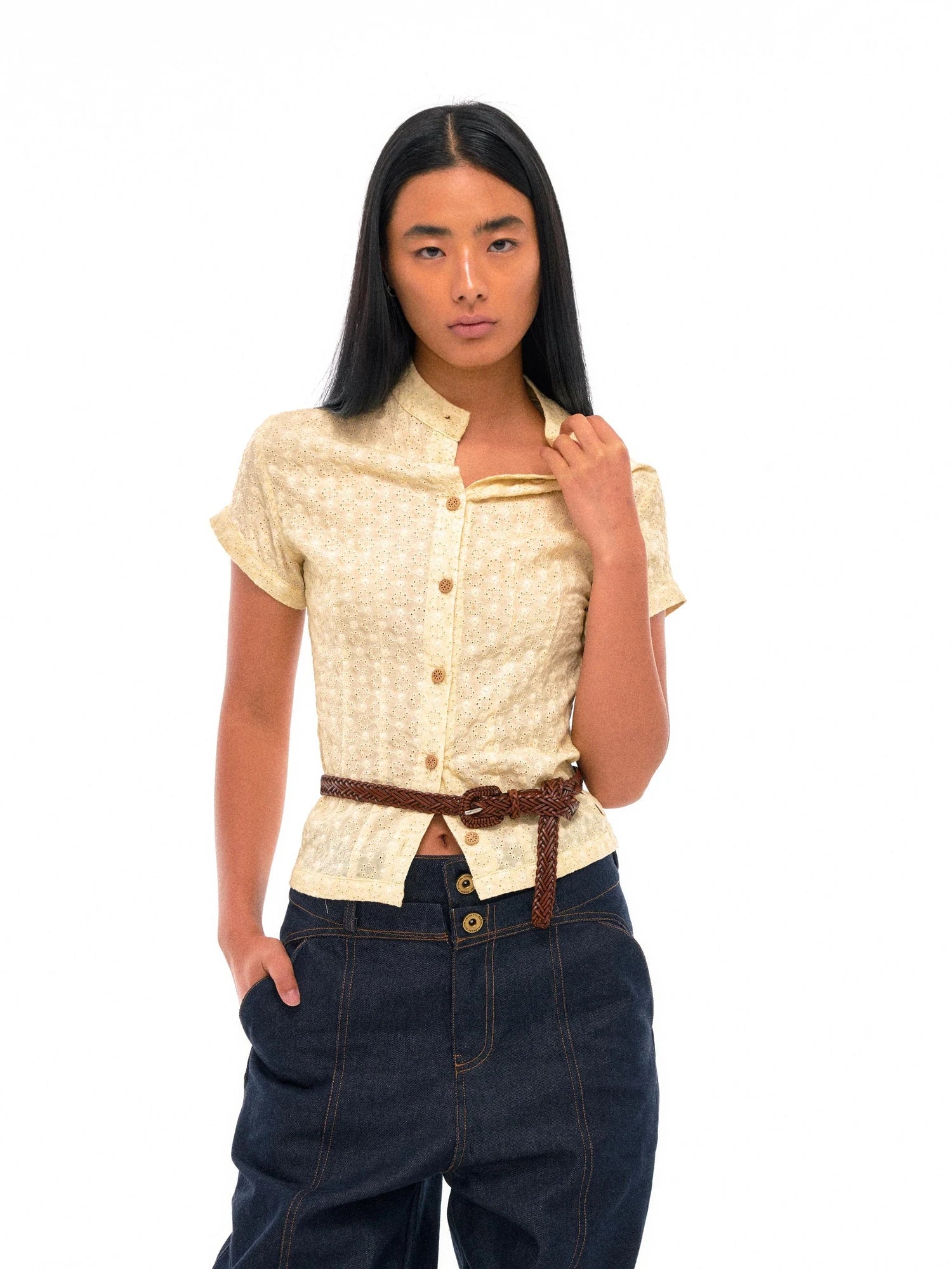 Floral Embroidered Cropped Shirt With Wooden Buttons