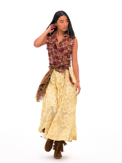 Floral Embroidered High Waist Flared Midi Skirt In Citrus Yellow