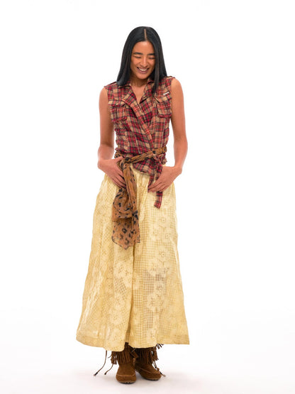 Floral Embroidered High Waist Flared Midi Skirt In Citrus Yellow