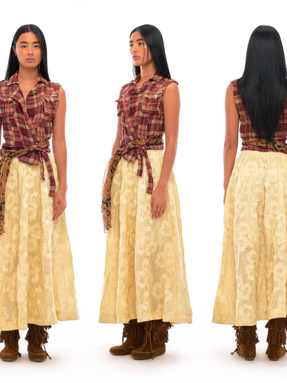 Floral Embroidered High Waist Flared Midi Skirt In Citrus Yellow