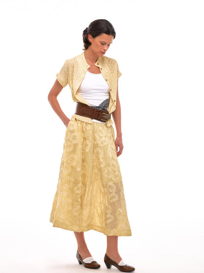 Floral Embroidered High Waist Flared Midi Skirt In Citrus Yellow
