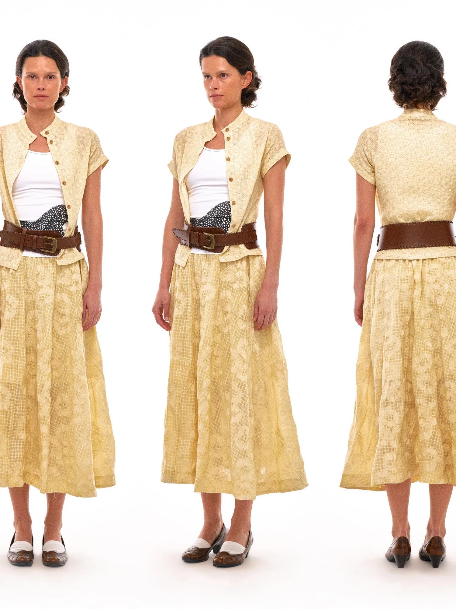 Floral Embroidered High Waist Flared Midi Skirt In Citrus Yellow